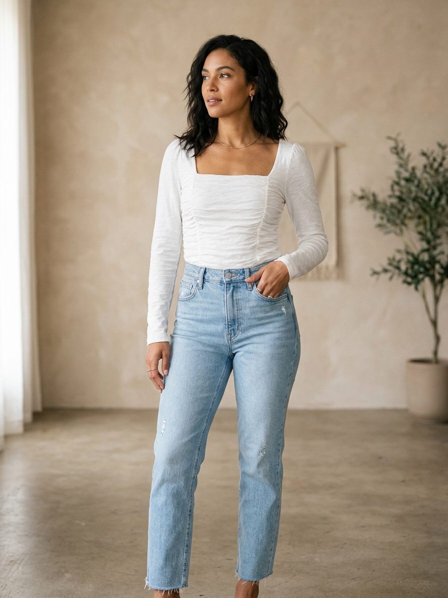 Ava Ruched Square-Neck Top